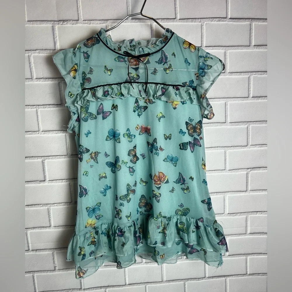 Knitworks Butterfly Print Ruffle girls blouse / green size L(14)